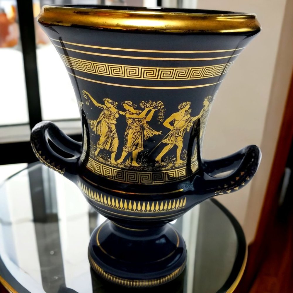 Vintage Fakiola 24-K Black & Gold Vase Hand Made Classic Greek Mythology Krater